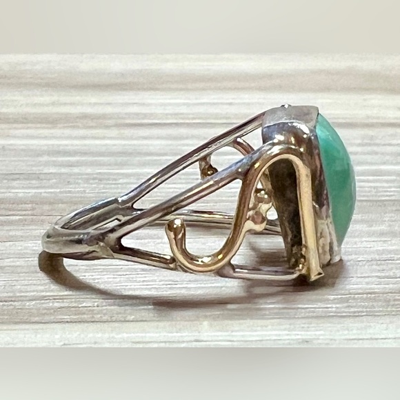 Handmade Designer Signed Sterling Silver & Gold Turquoise Ring, Size 7, 3.4g - Picture 5 of 10